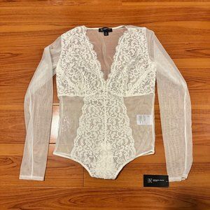 NWT INC Intimates Lingerie Lace Bodysuit Bridal White Long Sleeves Size Medium